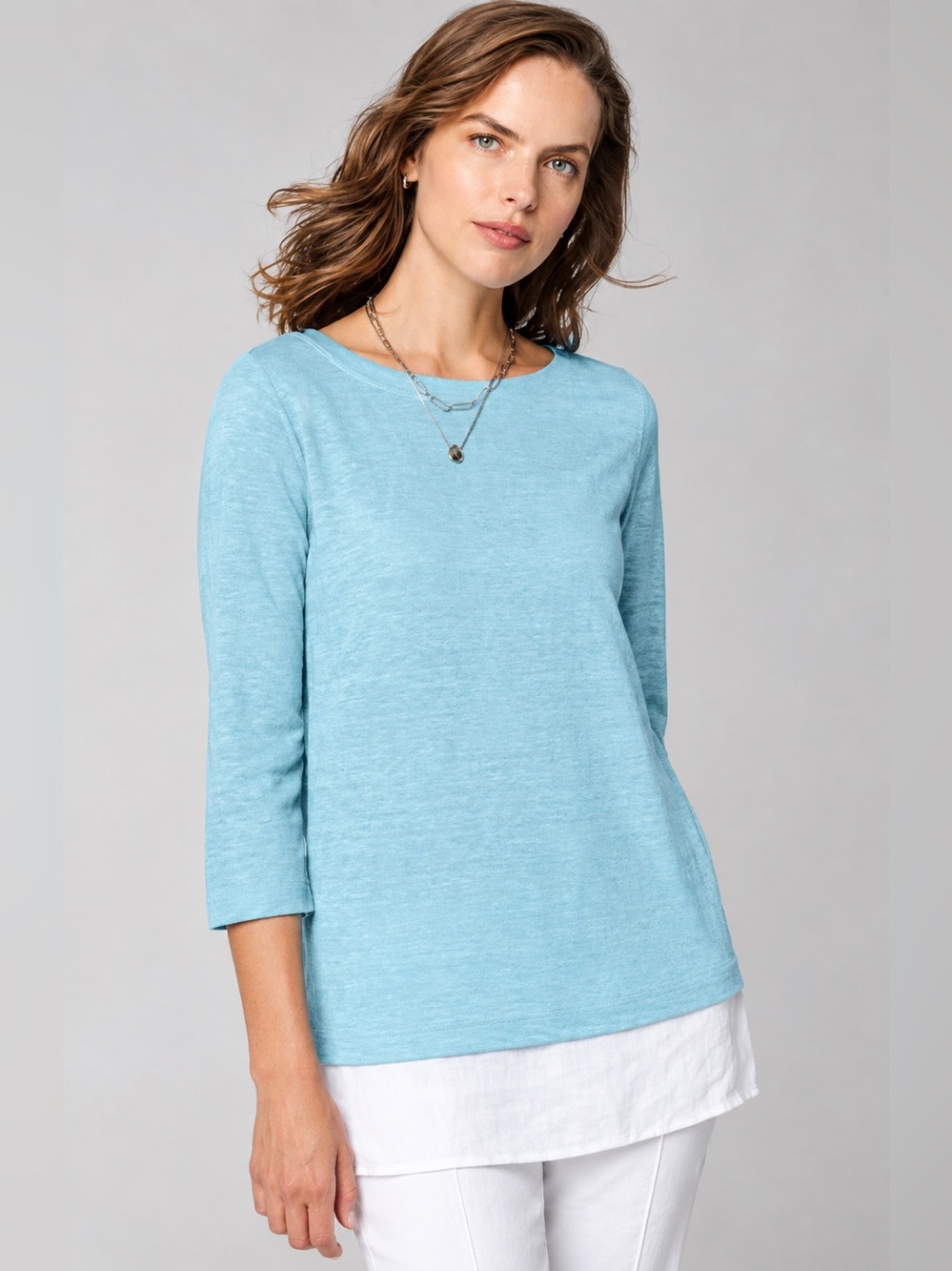 NWT J. Jill Love Linen Layered Hem Top 100% Linen Large Blue